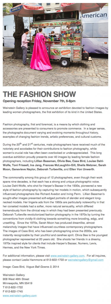 THE FASHION SHOW opens at Weinstein Gallery this Friday  6 8pm